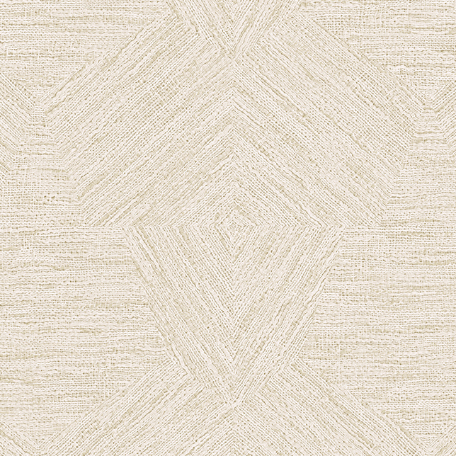 Lichtbeige behang uit de Antigua-collectie met een geometrisch patroon van textuurachtige pentagonen.