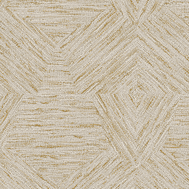 Beige en goudkleurig behang uit de Antigua-collectie met een geometrisch pentagonenpatroon en textuur van geweven lijnen.