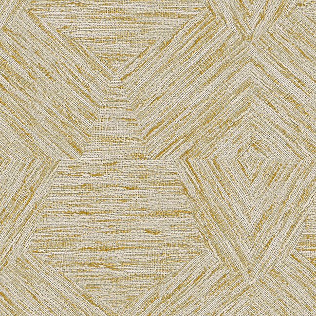 Beige en goudkleurig behang met een geometrisch pentagonpatroon uit de Antigua-collectie van Buningh Arte.