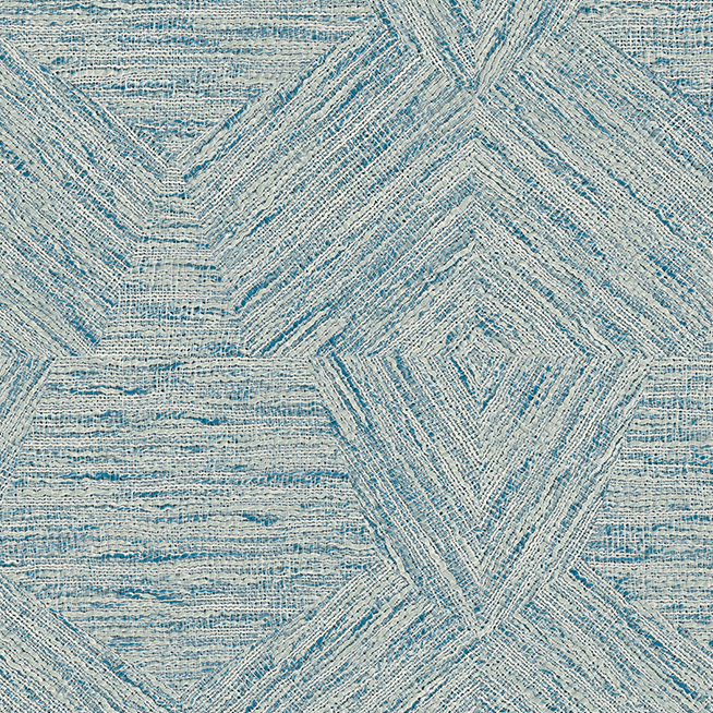 Behang uit de Antigua-collectie van Buningh Arte met een geometrisch pentagonpatroon in blauw en beige textuur.