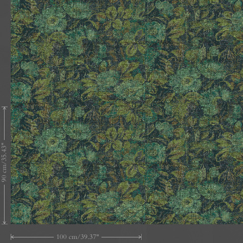 Donkergroen behang met een verweerd bloemenpatroon uit de Buningh Arte Stagionato 33010 Antigua collectie.