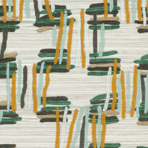 Abstract patroon op Buningh-Arte Tatami 54520 behang met gestapelde horizontale en verticale lijnen in groen, oker, wit, grijs en zwart op een licht geribbelde achtergrond.