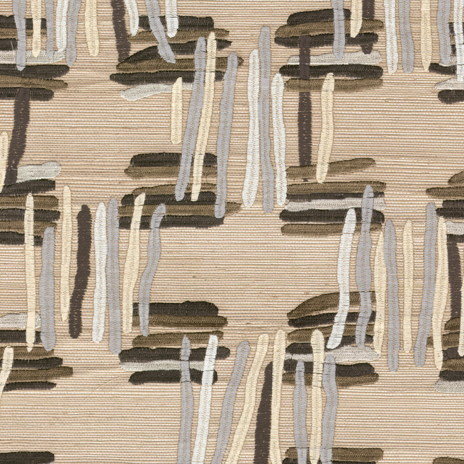 Beige behang uit de Buningh-Arte Tatami collectie met een patroon van verticale en horizontale penseelstreken in neutrale tinten.