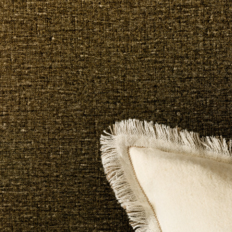 Close-up van een Lin Brodés stoffen wandbekleding uit de Buningh Elitis collectie met een licht kussen met franjerand op de voorgrond.