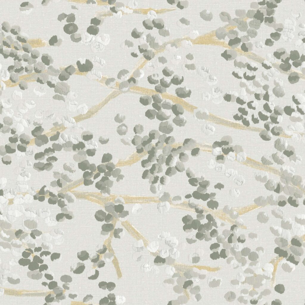 Abstract patroon van Buningh Elitis Milos behang VP 955 01 met groene, witte en gouden penseelachtige stippen op een lichtgrijze achtergrond.