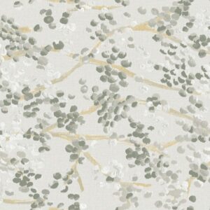 Abstract patroon van Buningh Elitis Milos behang VP 955 01 met groene, witte en gouden penseelachtige stippen op een lichtgrijze achtergrond.