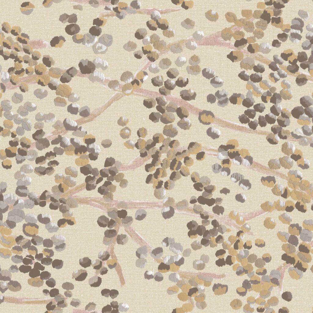 Lichtbeige behang met abstract bladerenpatroon in zachte bruin-, goud- en grijstinten uit de Buningh Elitis Milos collectie.