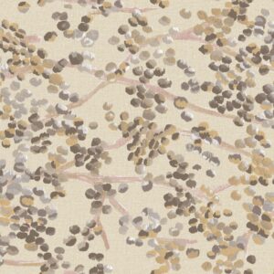 Lichtbeige behang met abstract bladerenpatroon in zachte bruin-, goud- en grijstinten uit de Buningh Elitis Milos collectie.