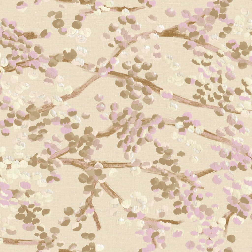 Bloemenmotief in beige, roze en wit op het Buningh Elitis Milos behang VP 955 03.