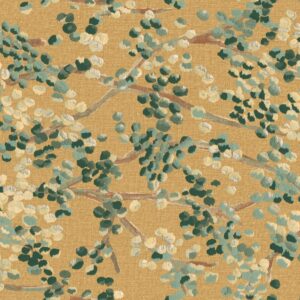 Behangpatroon Buningh-Elitis Milos VP 955 05 met abstracte groene en crèmekleurige bladeren op een okergele achtergrond.