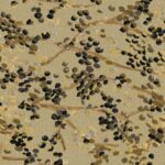 Decoratief Buningh Elitis Milos behang met abstracte takken en bladmotieven in aardetinten op een beige achtergrond.