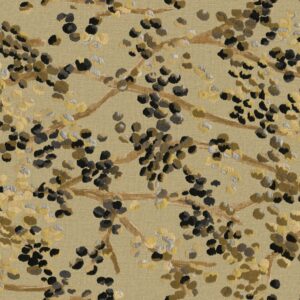 Decoratief Buningh Elitis Milos behang met abstracte takken en bladmotieven in aardetinten op een beige achtergrond.