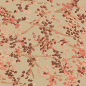 Beige Buningh Elitis Milos behang met een dessin van abstracte bloesemtakken in warme rood- en bruintinten.