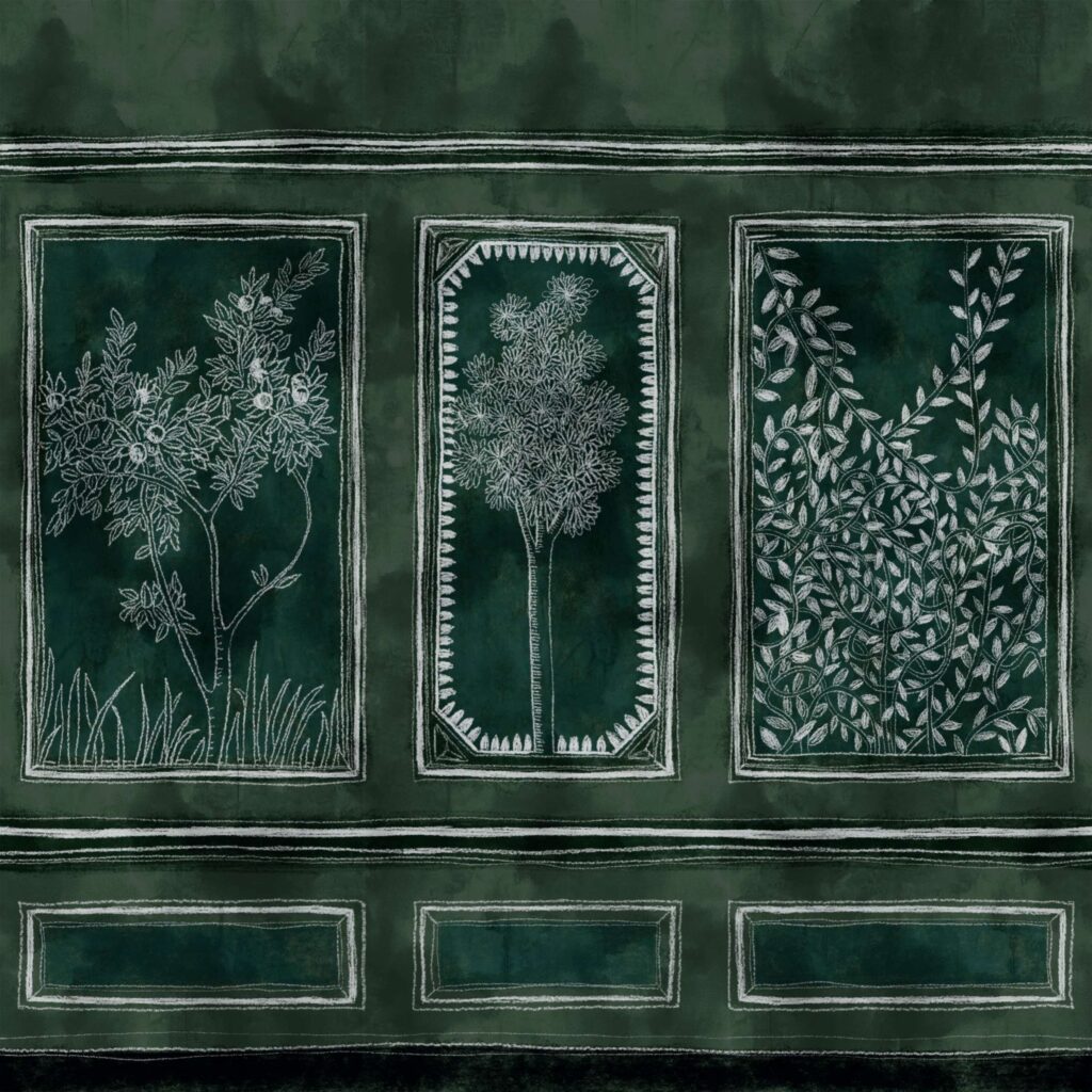 Donkergroen panorama-behang met drie getekende botanische panelen in witte lijnen, uit de Buningh Elitis Ortigia collectie.