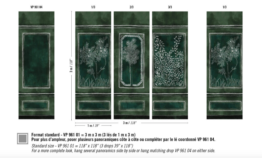 Donkergroen panoramabehang met handgetekende botanische illustraties in decoratieve panelen.