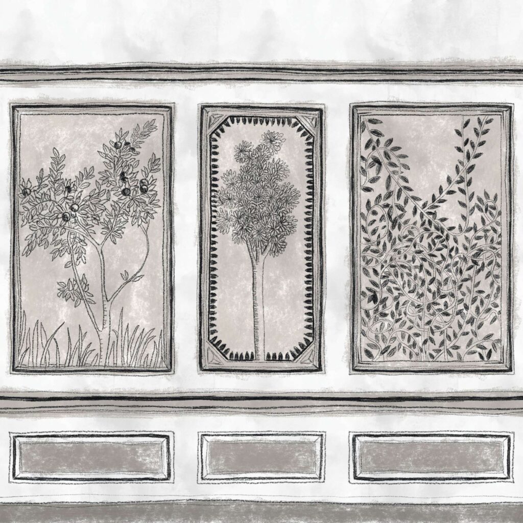 Getekende muurdecoratie met drie panelen van sierlijke bomen en bladeren in grijstinten uit het Buningh-Elitis Ortigia Disegno behang.