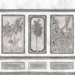 Getekende muurdecoratie met drie panelen van sierlijke bomen en bladeren in grijstinten uit het Buningh-Elitis Ortigia Disegno behang.