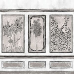 Getekende muurdecoratie met drie panelen van sierlijke bomen en bladeren in grijstinten uit het Buningh-Elitis Ortigia Disegno behang.
