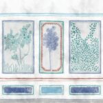 Getekende plantenpanelen in zachte kleuren op het Buningh-Elitis Ortigia Disegno VP 961 03 panorama behang.