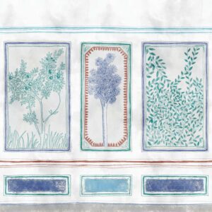 Getekende plantenpanelen in zachte kleuren op het Buningh-Elitis Ortigia Disegno VP 961 03 panorama behang.