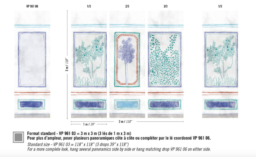 Panoramisch behangpatroon "Ortigia" van Buningh Elitis met handgetekende botanische illustraties in zachte kleuren binnen decoratieve kaders.