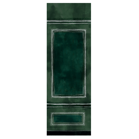 Groene decoratieve baan uit het Buningh Elitis Ortigia panorama behang met geschilderde panelen en krijtwitte randen.