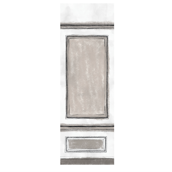 Een decoratieve behangbaan uit de Buningh Elitis Ortigia collectie met een klassiek paneelontwerp in neutrale tinten.