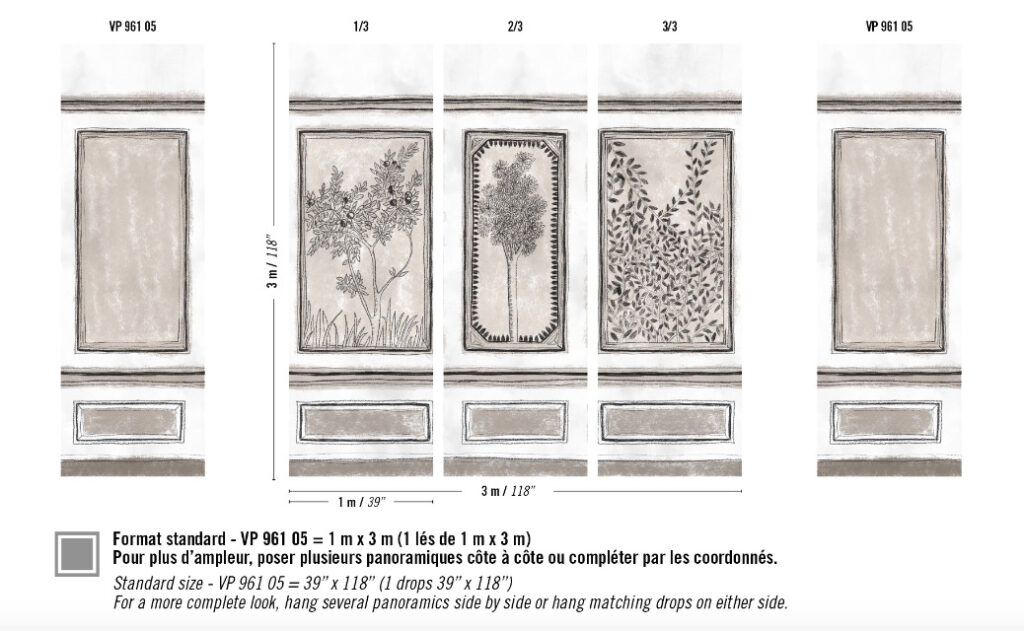 Panoramisch behangpatroon Buningh-Elitis Ortigia VP 961 05 met botanische tekeningen in drie panelen en neutrale omlijsting.