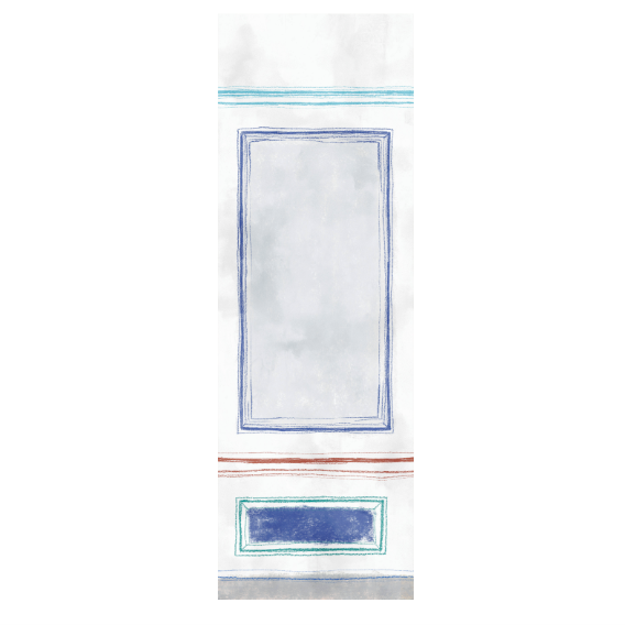 Handgeschilderd behangpaneel uit de Buningh Elitis Ortigia-collectie met abstracte blauwe en turquoise kaderpatronen.