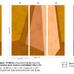 Abstract behangpatroon uit de Ortigia-collectie van Buningh Elitis met aardetinten in geometrische vormen, verdeeld over drie panelen van elk 1 meter breed en 3 meter hoog.