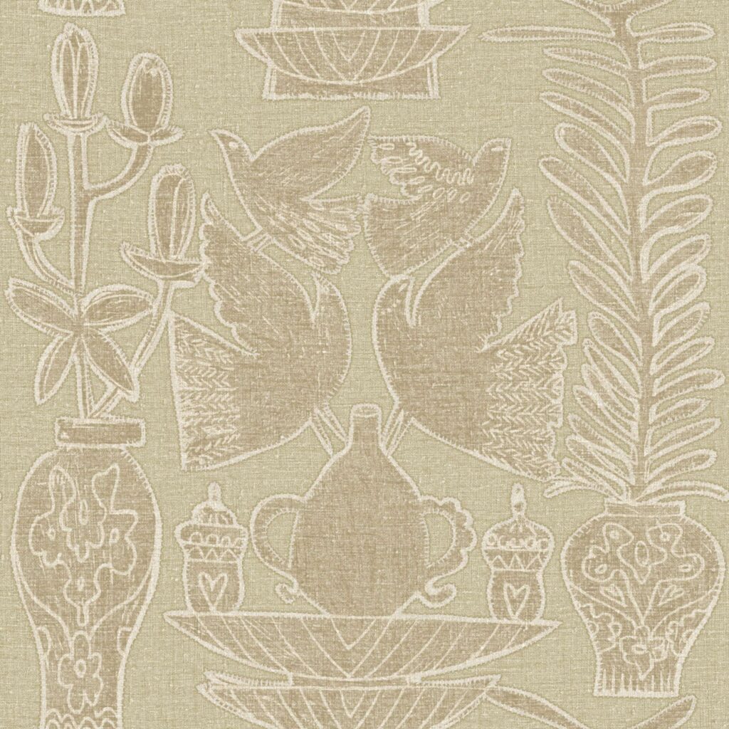 Beige behang met gestileerde tekeningen van vogels, vazen en planten uit de Buningh Elitis Paros Lin Brodés collectie.