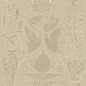 Beige behang met gestileerde tekeningen van vogels, vazen en planten uit de Buningh Elitis Paros Lin Brodés collectie.