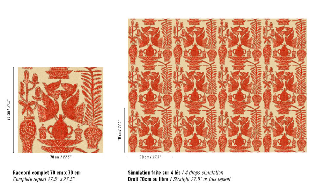 Behangpatroon uit de Buningh-Elitis Paros-collectie met rode botanische en vaasmotieven op een beige achtergrond in een herhalend ontwerp van 70 x 70 cm.