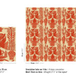 Behangpatroon uit de Buningh-Elitis Paros-collectie met rode botanische en vaasmotieven op een beige achtergrond in een herhalend ontwerp van 70 x 70 cm.