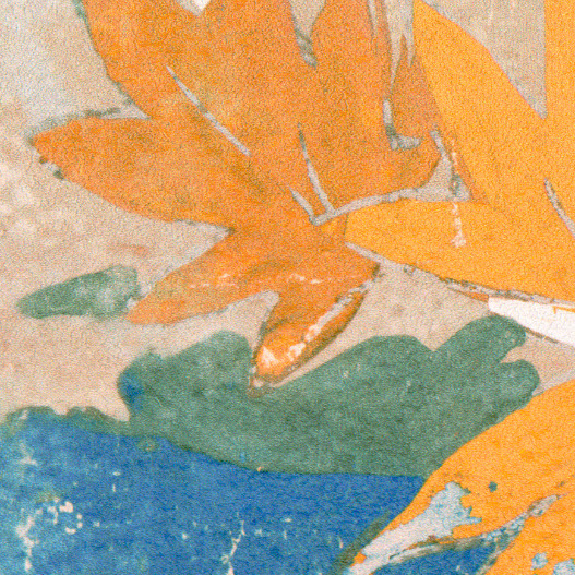 Abstracte bloemenprint in oranje, groen en blauw uit het behang Retour des Indes van de Ortigia-collectie van Buningh Elitis.