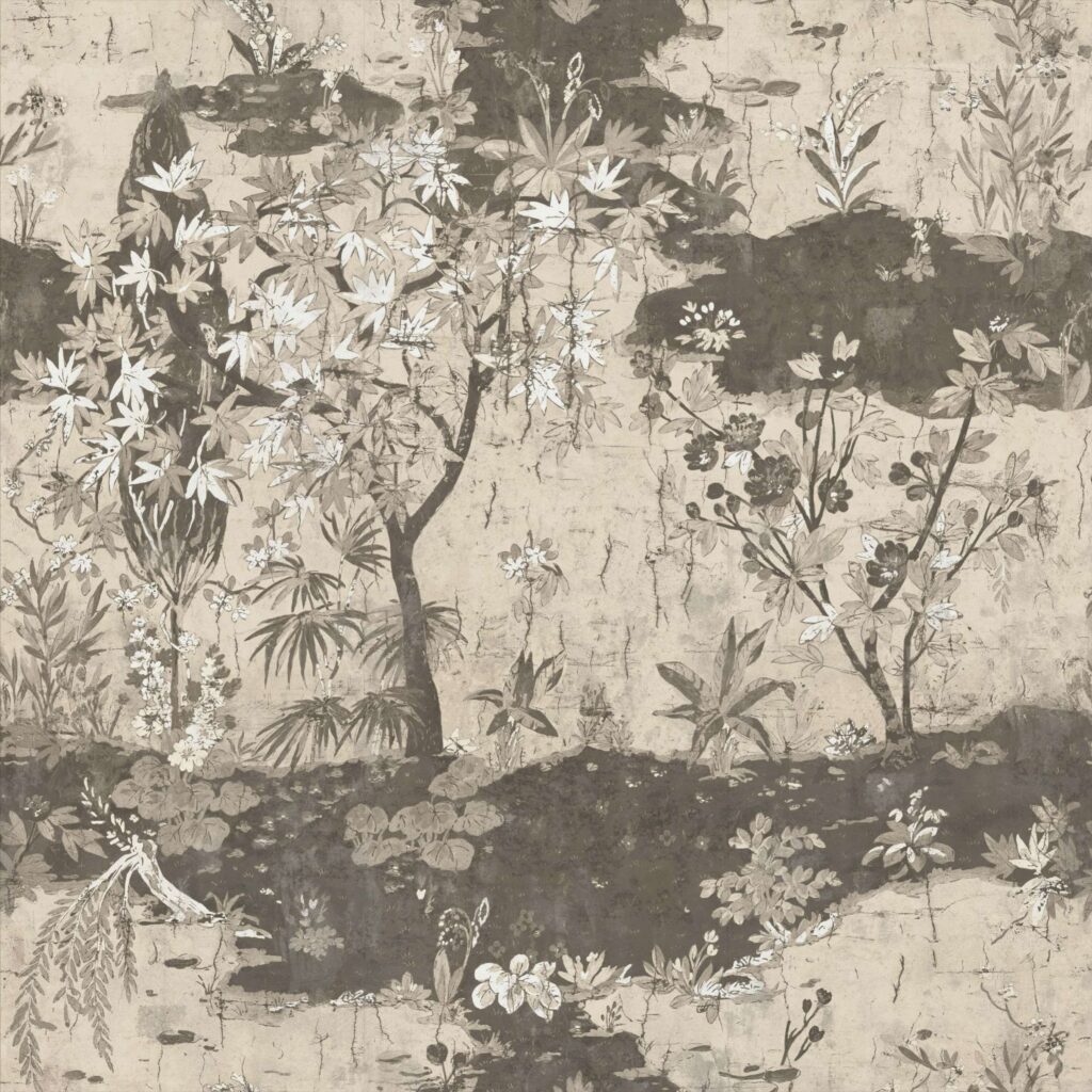 Behangontwerp uit de Ortigia-collectie met een exotisch landschap van sierlijke bomen, bloemen en planten in een vintage oosterse stijl.