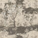 Behangontwerp uit de Ortigia-collectie met een exotisch landschap van sierlijke bomen, bloemen en planten in een vintage oosterse stijl.