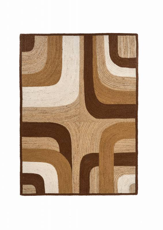 Vloerkleed Elitis Penny Lane TA 11978-05 met een retro patroon in bruin-, beige- en crèmetinten.