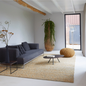 Moderne woonkamer met een Perletta vloerkleed Gravel, een donkergrijze bank en een grote aardewerken plantenpot.