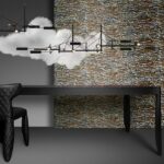 Modern interieur met een zwarte tafel en stoel, Arte Moooi Dandelion Cranes behang en een opvallende wolkvormige hanglamp.