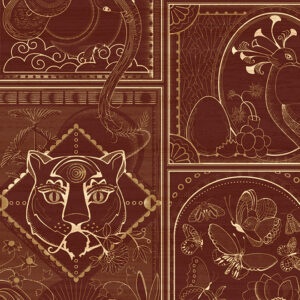 Gedetailleerd patroon van de Arte Moooi Golden Tiger MO4041 wandbekleding met een gestileerde tijgerkop, vlinders en planten op een warme bruine achtergrond.
