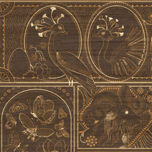 Decoratief goud patroon op donkerbruine achtergrond met illustraties van een pauw, vlinders en een ram, uit de Arte Moooi Golden Tiger collectie.