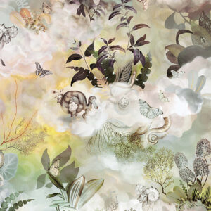 Gedetailleerd behangontwerp uit de Arte Moooi Memento collectie met dodo's, vlinders, planten en wolken in zachte pastelkleuren.
