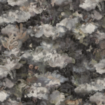 Gedetailleerd donker behangpatroon uit de Arte Moooi Memento Dusk collectie met dromerige wolken, exotische dieren en weelderige planten.
