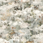 Sfeervol Arte Moooi Memento Medley1 behang met fantasierijk patroon van dieren, planten en wolken in zachte tinten.