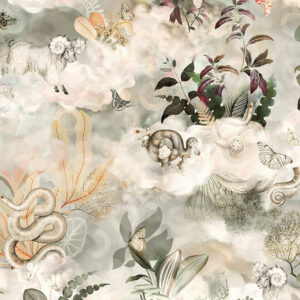 Decoratief Arte Medley MO4030 behang met fantasierijke natuurtaferelen van dieren, planten en wolken in zachte tinten.