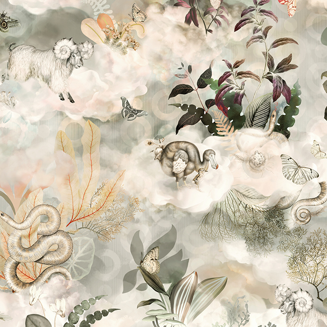 Decoratief Arte Medley MO4030 behang met fantasierijke natuurtaferelen van dieren, planten en wolken in zachte tinten.