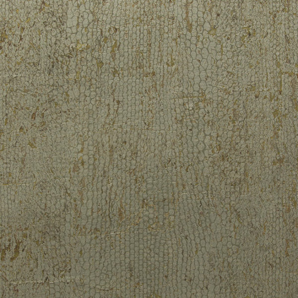 Textuur van CA22-materiaal met een patroon dat lijkt op verweerd slangenleer in grijsgroene tinten met gouden accenten.