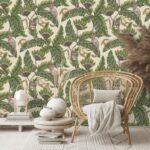 Stijlvol interieur met rotanstoel en decor voor een wand met Cole & Son Bush Baby behang vol tropische bladeren en speelse bush babies.