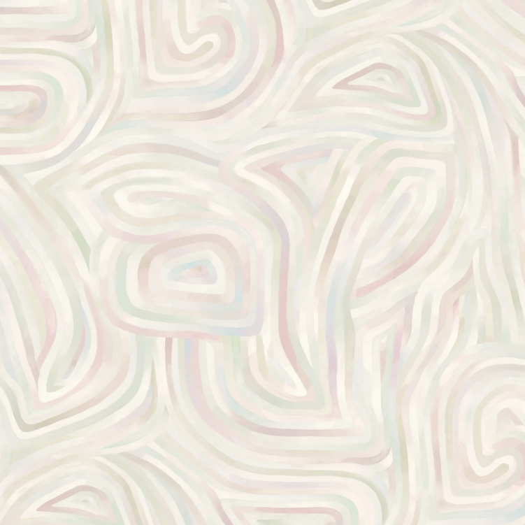 Abstract patroon uit de Cole and Son Kawakubo-collectie met golvende, pastelkleurige lijnen in een organisch doolhofachtig ontwerp.